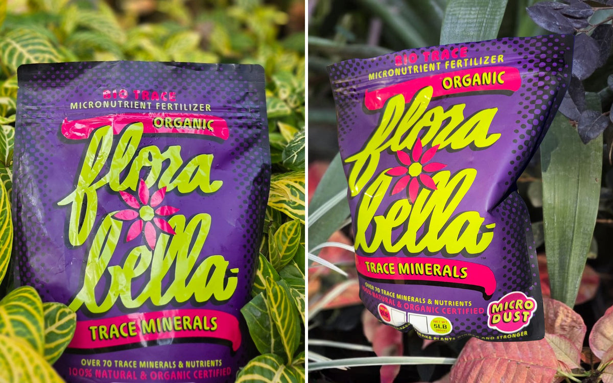 Flora Bella Bio Trace and Microdust trace mineral bags among garden plants